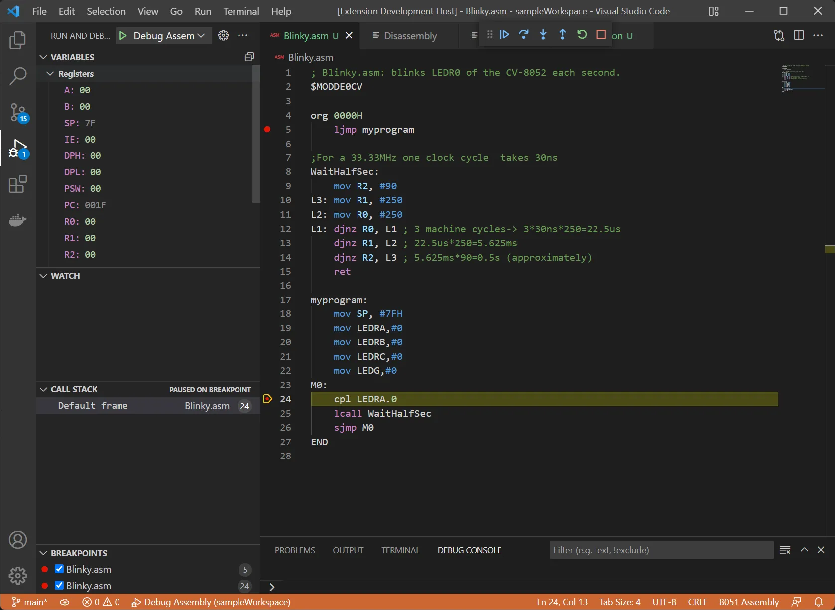 Debug adapter running in Visual Studio Code after hitting a breakpoint